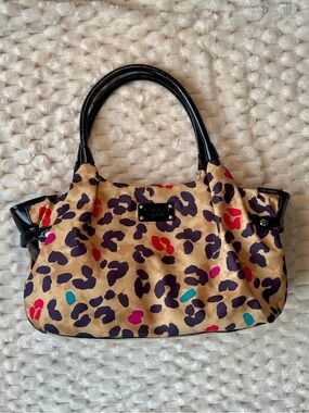 Kate Spade NY Stevie Pop Art Leopard Nylon Tote Black Patent Gold Hardware